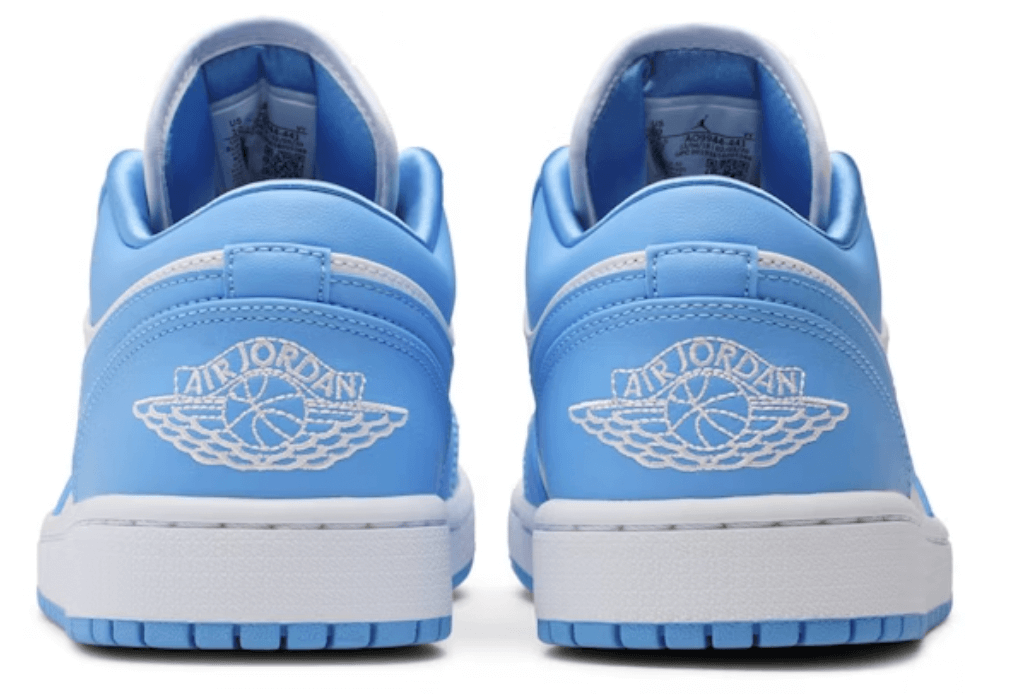 Back view of women's Jordan 1 Low UNC sneakers in a vibrant blue color, featuring iconic Air Jordan logo.