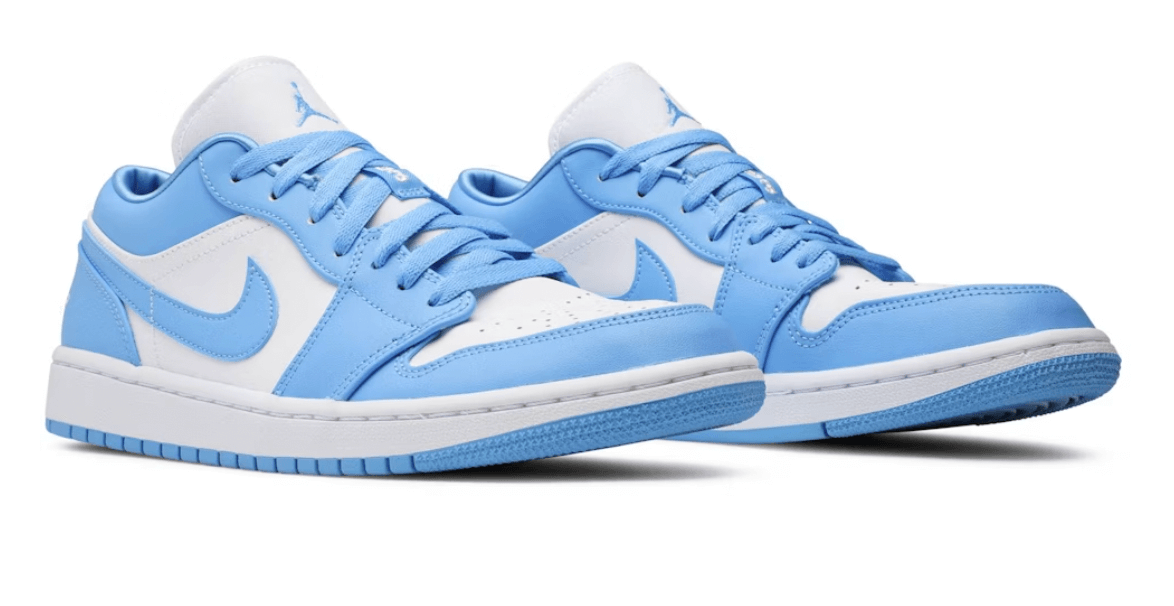 Jordan 1 Low UNC women's sneakers in blue and white, 100% authentic, available with next day express shipping.