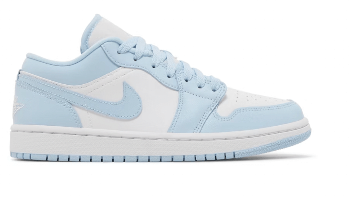 Nike Jordan 1 Low White Ice Blue sneakers for women, brand new, 100% authentic, next day express shipping available.