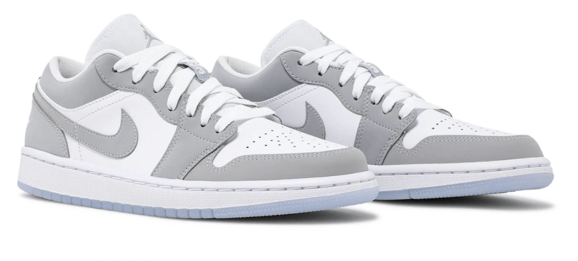 Jordan 1 Low Wolf Grey for women, featuring a stylish grey and white design, brand new and 100% authentic.