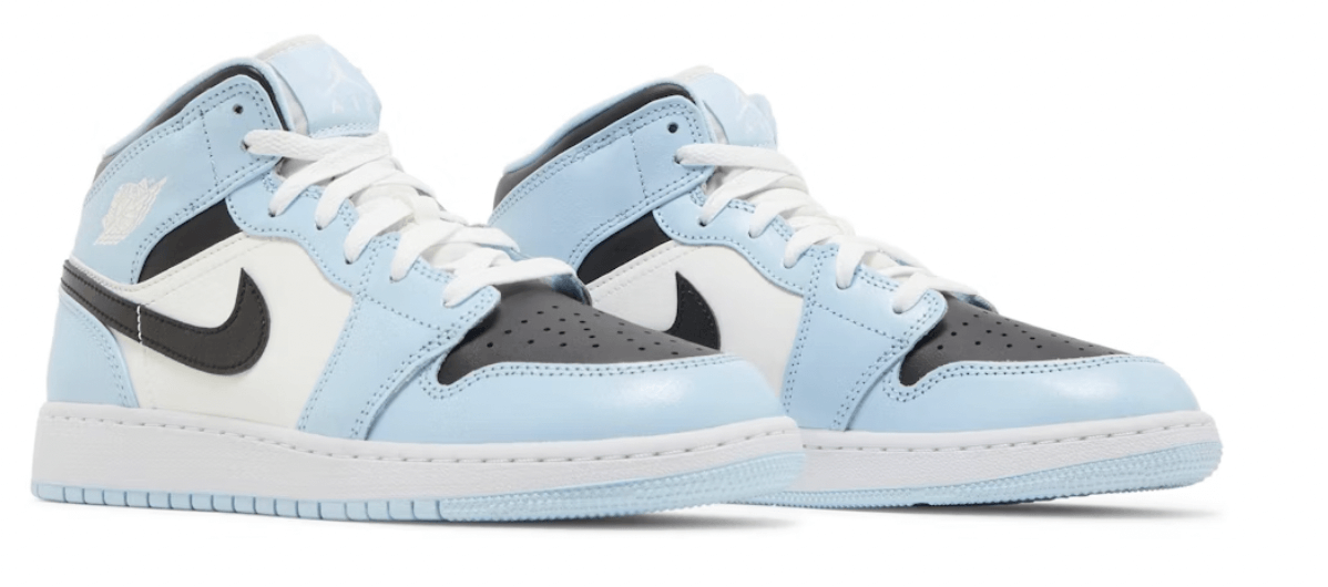 Jordan 1 Mid Ice Blue (GS) sneakers, stylish high-top design with blue and white accents, 100% authentic, express shipping available.