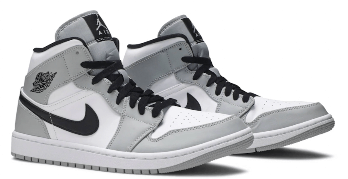Jordan 1 Mid Light Smoke Grey sneakers featuring a grey and white colorway, 100% authentic with next day express shipping.