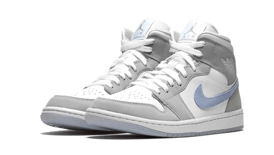 Jordan 1 Mid Wolf Grey Aluminum women's sneakers, stylish athletic footwear, 100% authentic, next day express shipping.