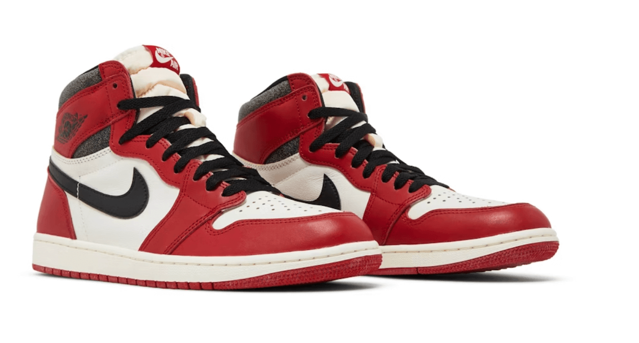 Jordan 1 Retro High OG Chicago Lost and Found sneakers, 100% authentic, next day shipping, stylish red and white design.