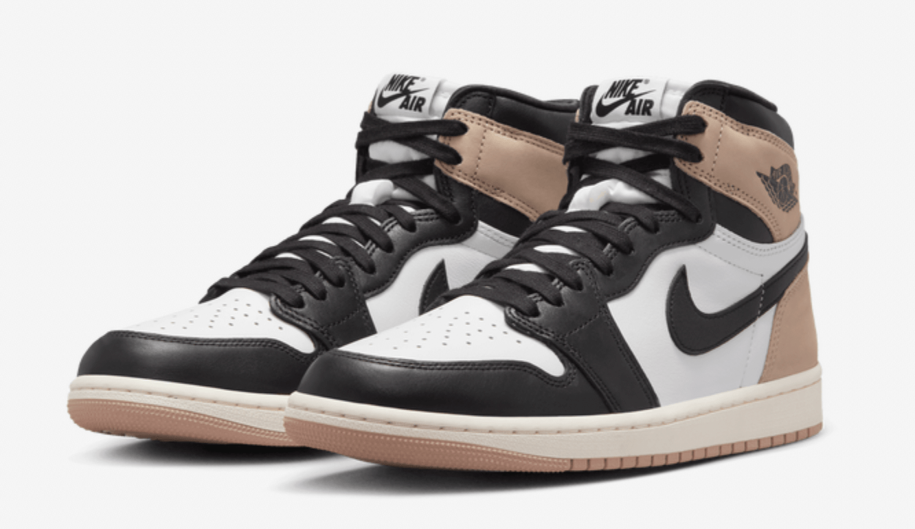 Jordan 1 Retro High OG Latte (Women's) sneakers, black, white and tan colorway, 100% authentic with express shipping.
