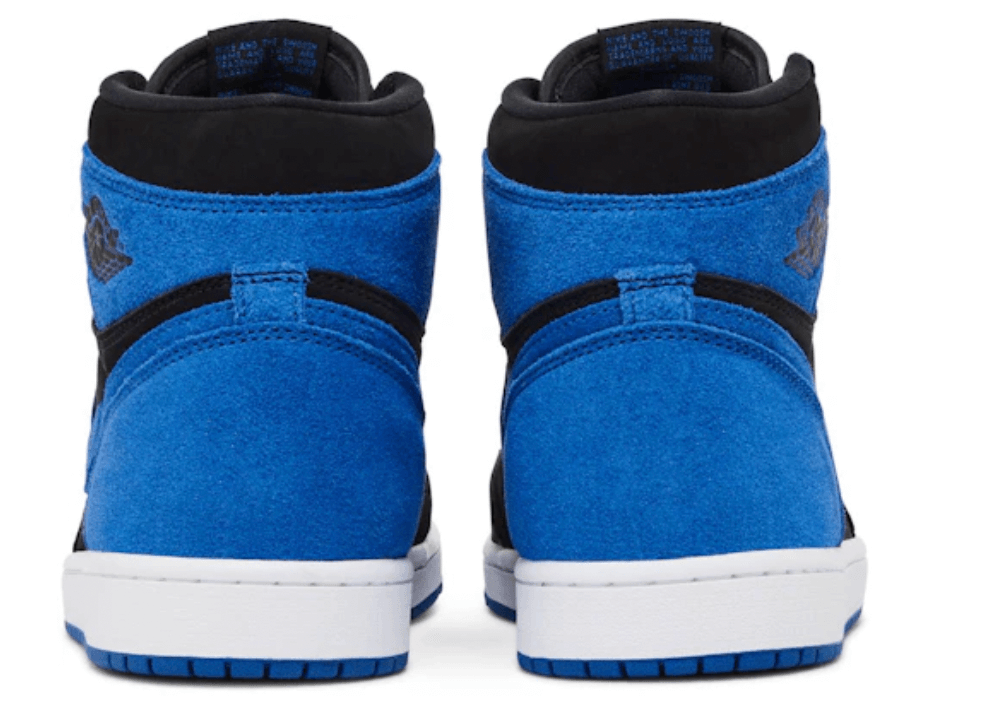 Back view of Jordan 1 Retro High OG Royal Reimagined sneakers in blue and black, showcasing premium suede.