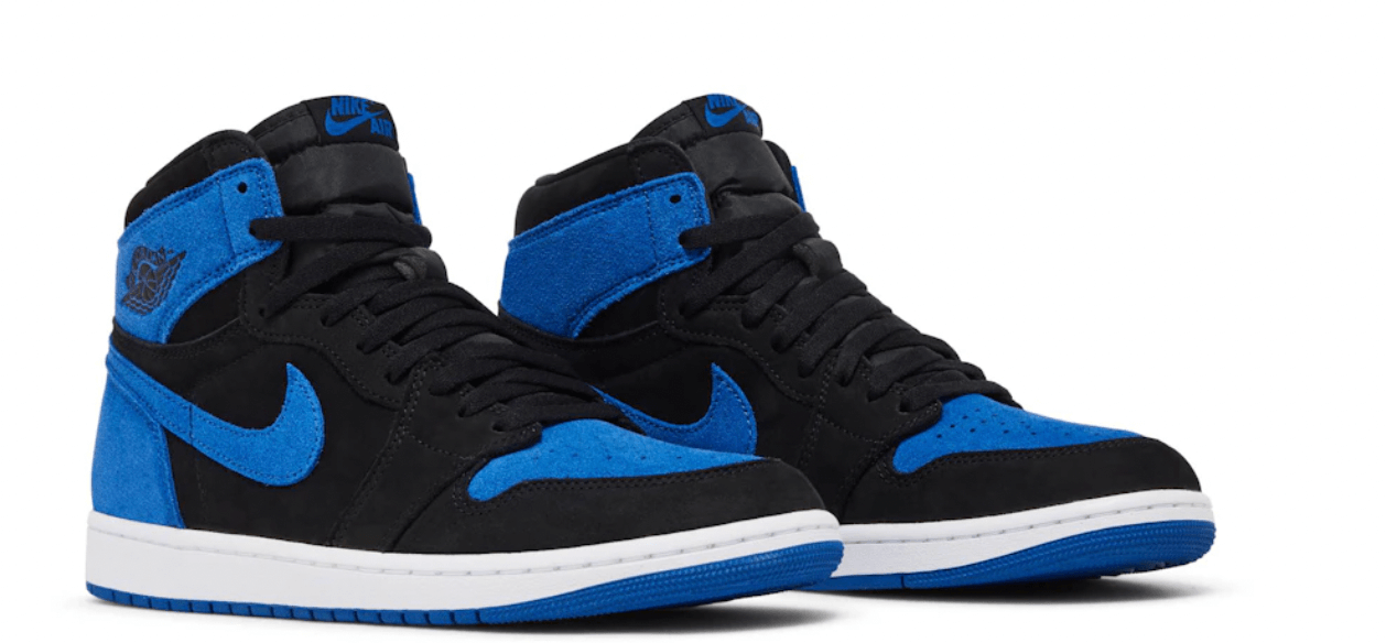 Jordan 1 Retro High OG Royal Reimagined sneakers in black and blue, brand new and 100% authentic, express shipping available.