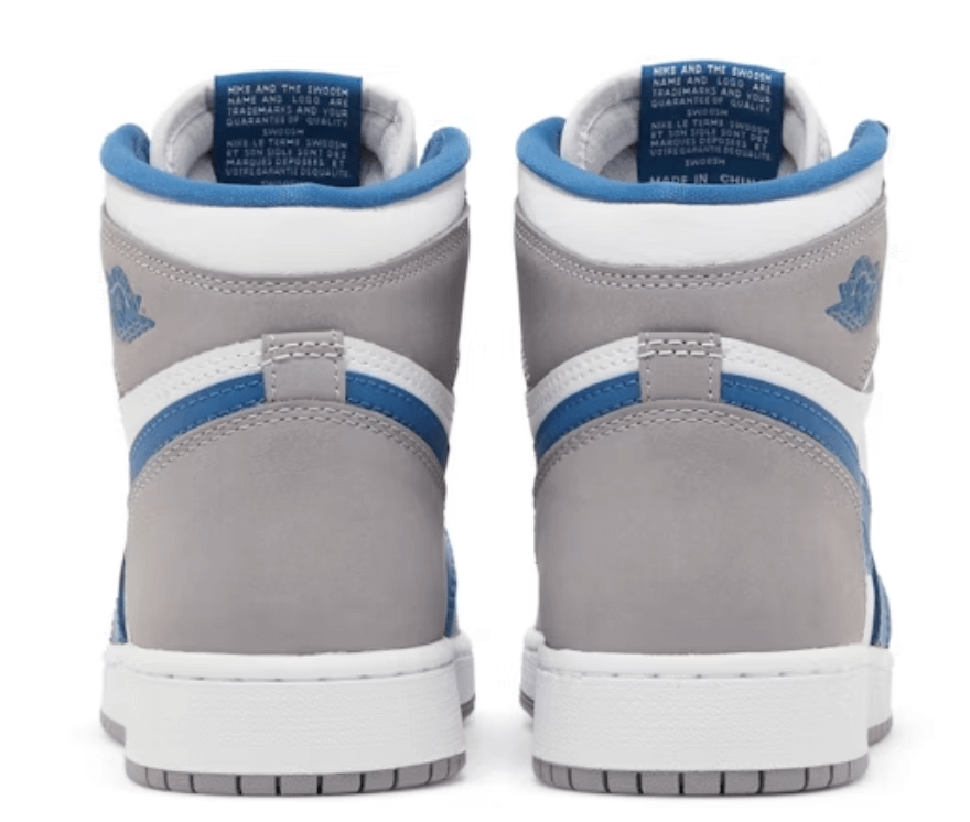 Jordan 1 Retro High OG True Blue GS sneakers rear view with gray and blue accents, 100% authentic and brand new.