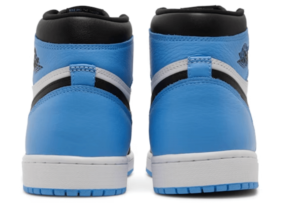Back view of Jordan 1 Retro High OG UNC Toe sneakers in blue and black with white sole, showcasing authentic design and craftsmanship.