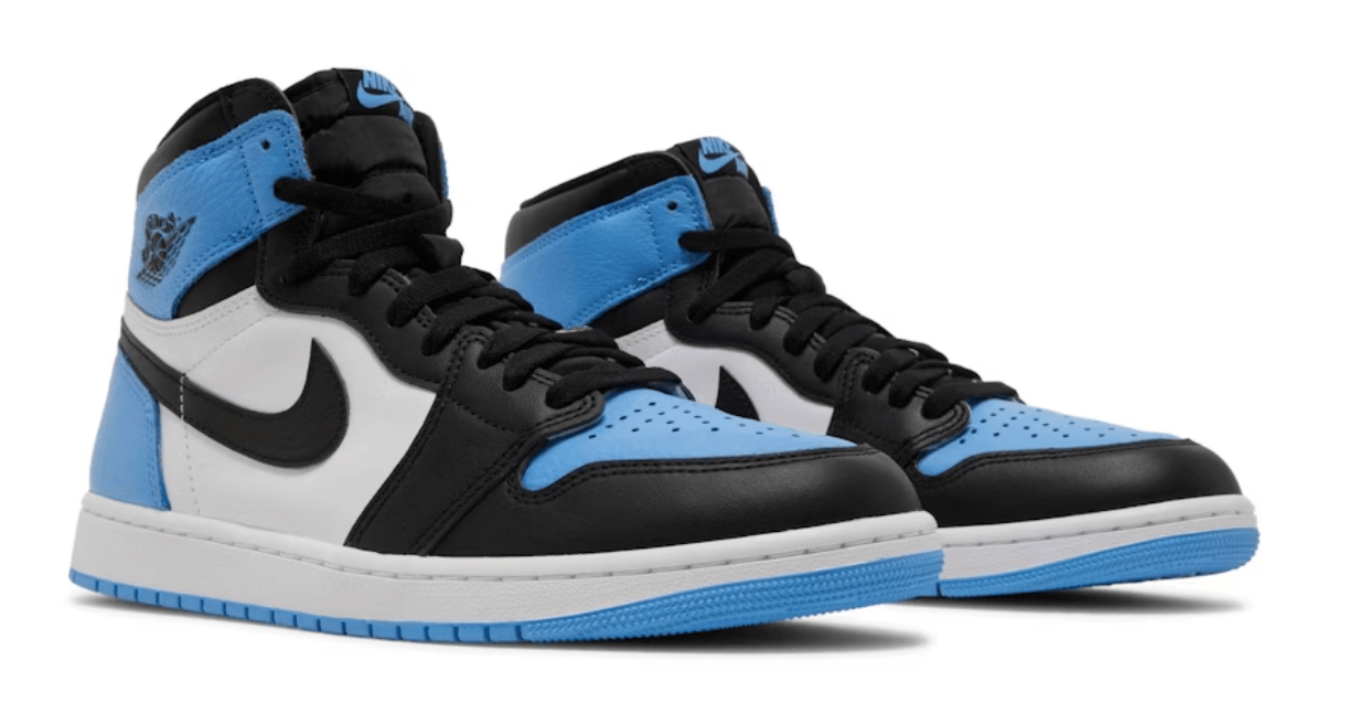 Jordan 1 Retro High OG UNC Toe sneakers in black, white, and blue - brand new and authentic.
