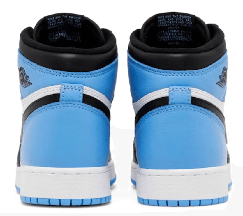 Back view of Jordan 1 Retro High OG UNC Toe (GS) sneakers in light blue and black, showcasing authentic design and craftsmanship.