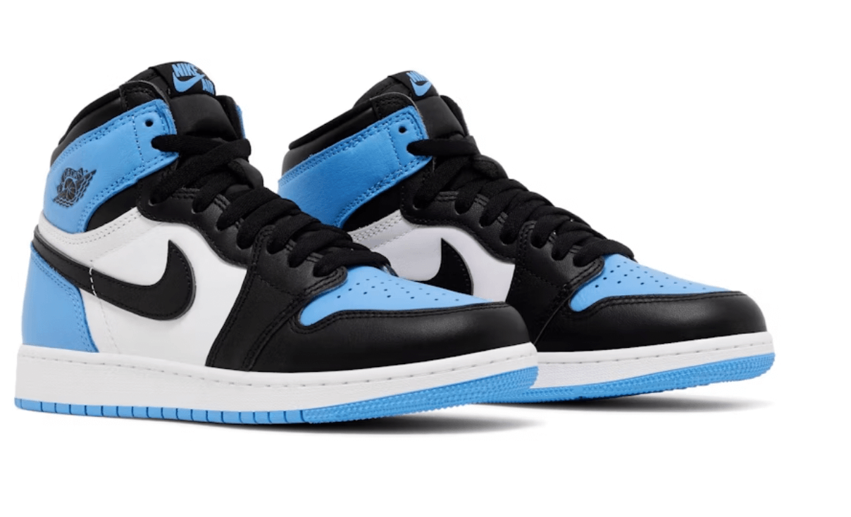 Jordan 1 Retro High OG UNC Toe (GS) sneakers in black, white, and light blue, featuring iconic design elements.