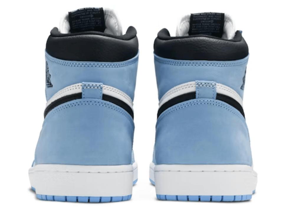 Jordan 1 Retro High OG University Blue sneakers, featuring a stylish blue and black design from the back view.