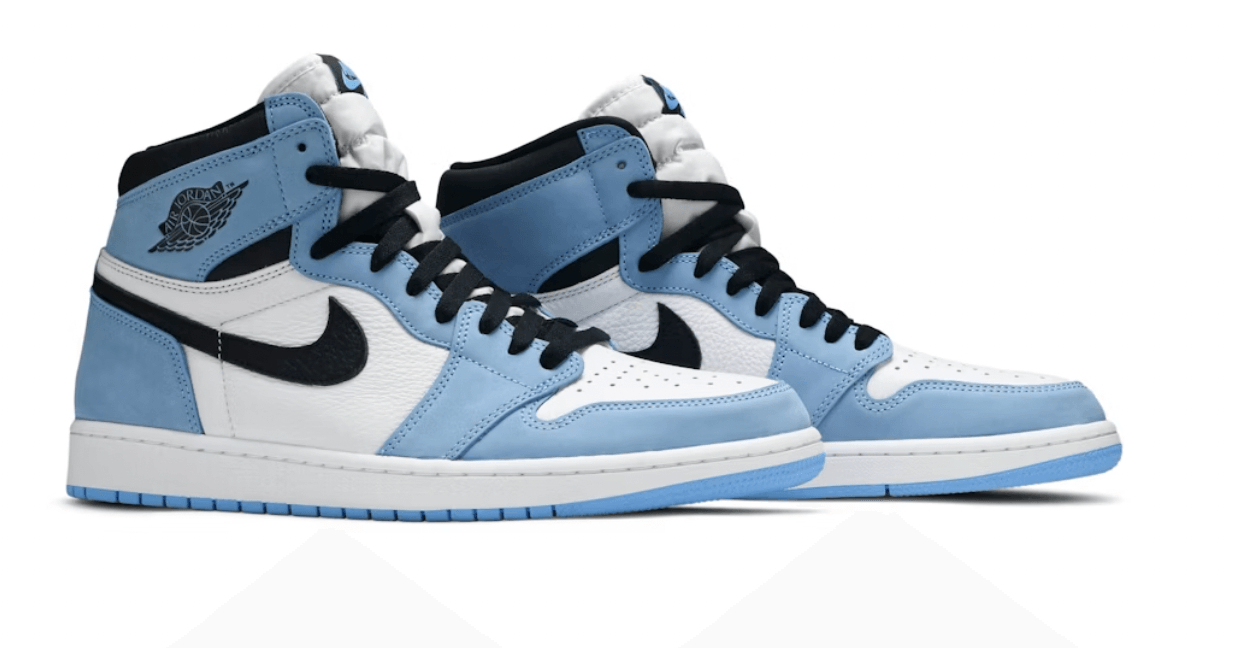 Jordan 1 Retro High OG University Blue sneakers showcasing a fresh design with black and blue accents, perfect for collectors.