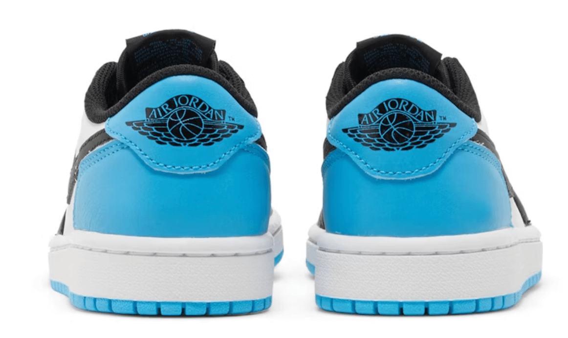 Jordan 1 Retro Low OG Black Dark Powder Blue sneakers women's style with distinctive blue and black design.