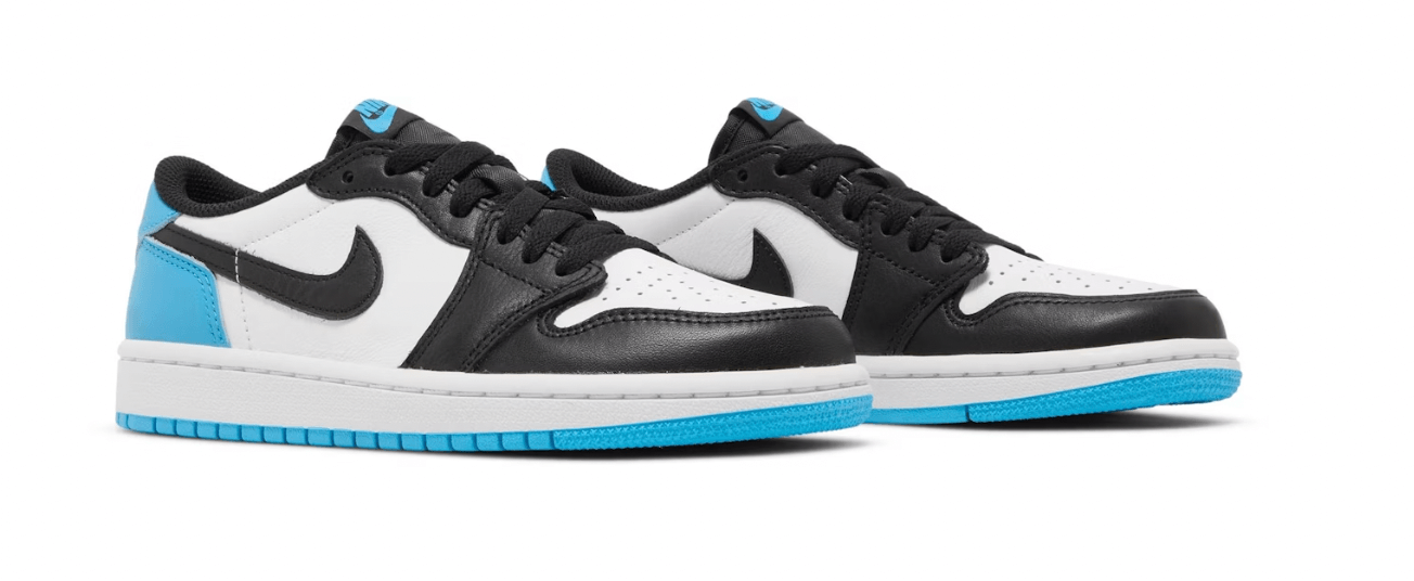 Jordan 1 Retro Low OG Black Dark Powder Blue sneakers for women, featuring black and powder blue design, brand new and authentic.