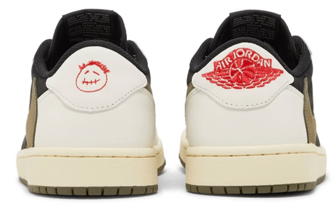 Back view of Women's Jordan 1 Retro Low OG SP Travis Scott Olive sneakers featuring unique embroidery and classic design.