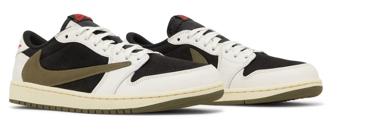 Jordan 1 Retro Low OG SP Travis Scott Olive (Women's) lifestyle sneakers in black, white, and olive colorway.