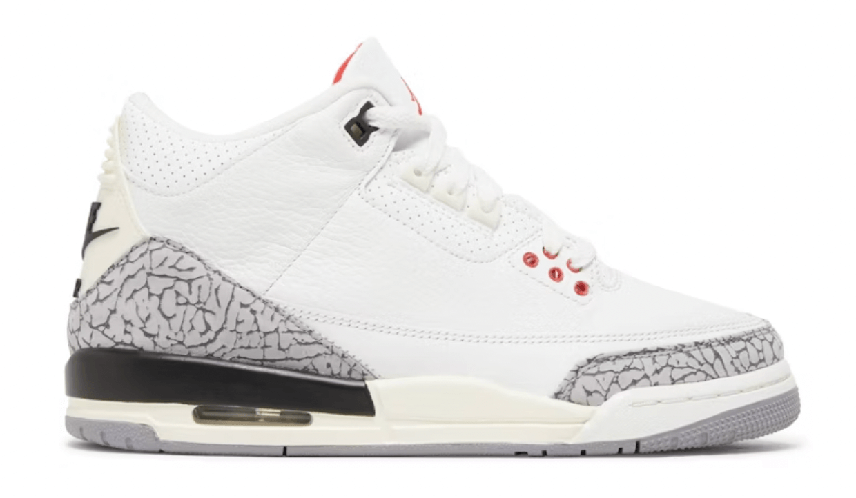 Jordan 3 Retro White Cement Reimagined (GS) sneaker, 100% authentic, side view, featuring white leather and elephant print accents.