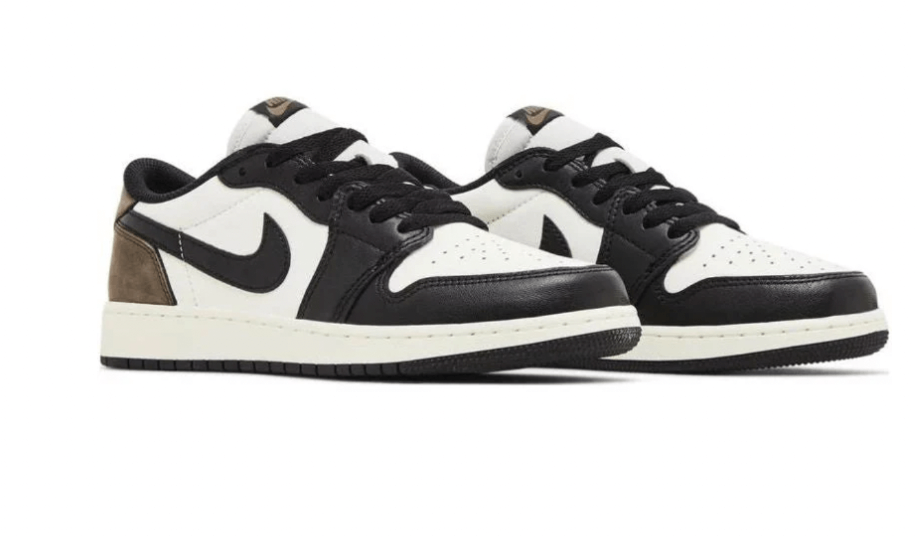 Jordan 1 Retro Low OG Mocha sneakers in black and white, 100% authentic, available with next day express shipping.