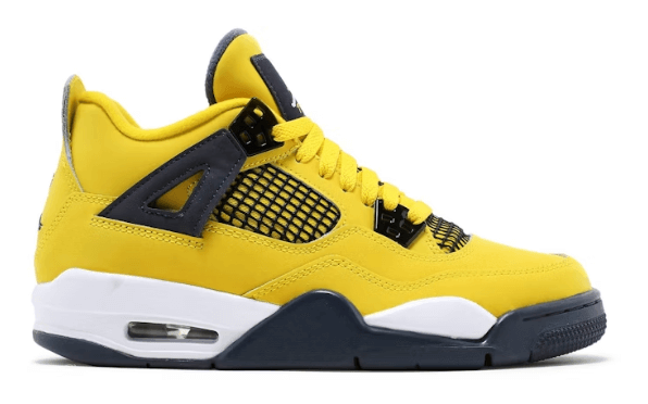 Jordan 4 Retro Lightning (2021) GS in yellow and navy blue side view.