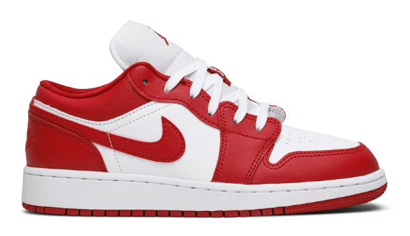 Jordan 1 Low Gym Red White (GS) sneaker featuring vibrant red and white colors, perfect for stylish comfort.