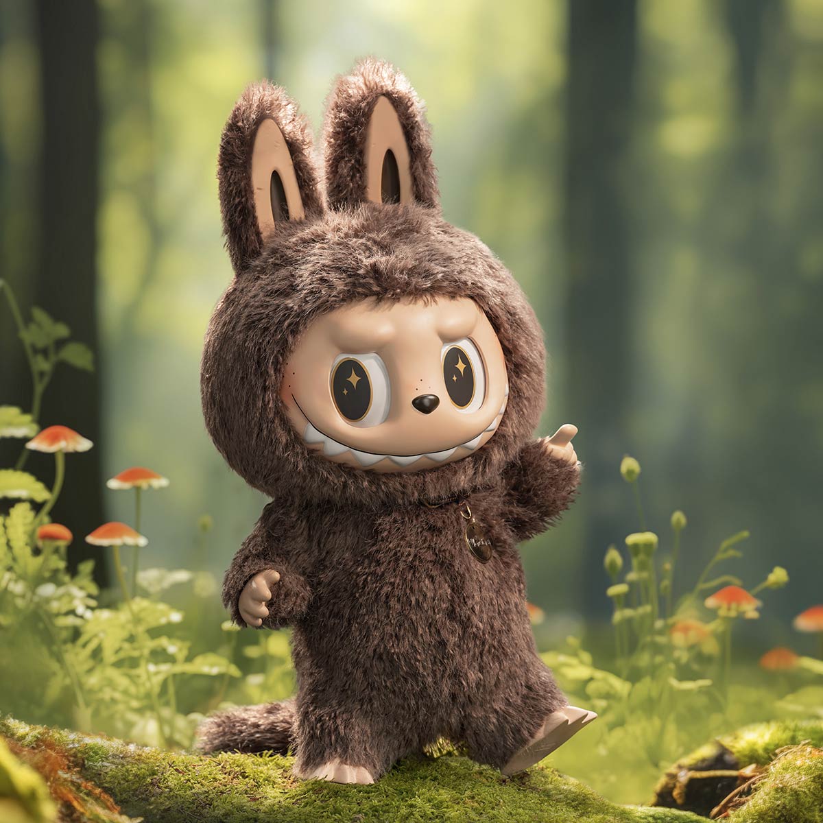 Pop Mart Labubu ZIMOMO I Found You Vinyl Doll in a furry bunny outfit, surrounded by a lush forest backdrop.