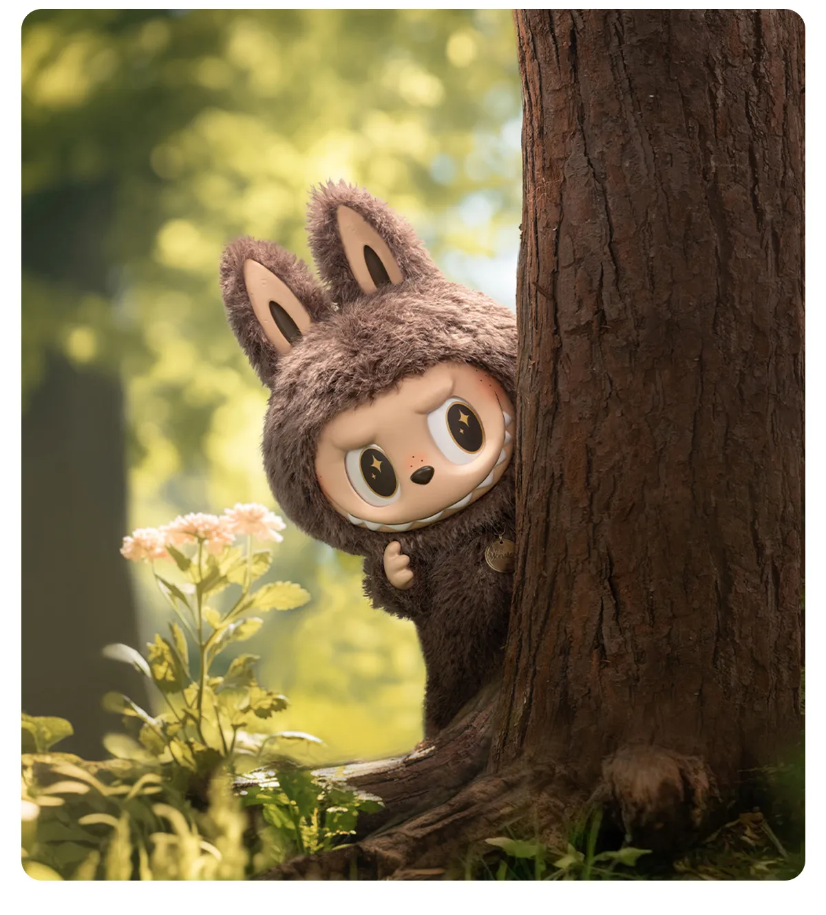 Pop Mart Labubu Vinyl Doll dressed as a cute brown monster peeking from behind a tree in a vibrant forest setting.