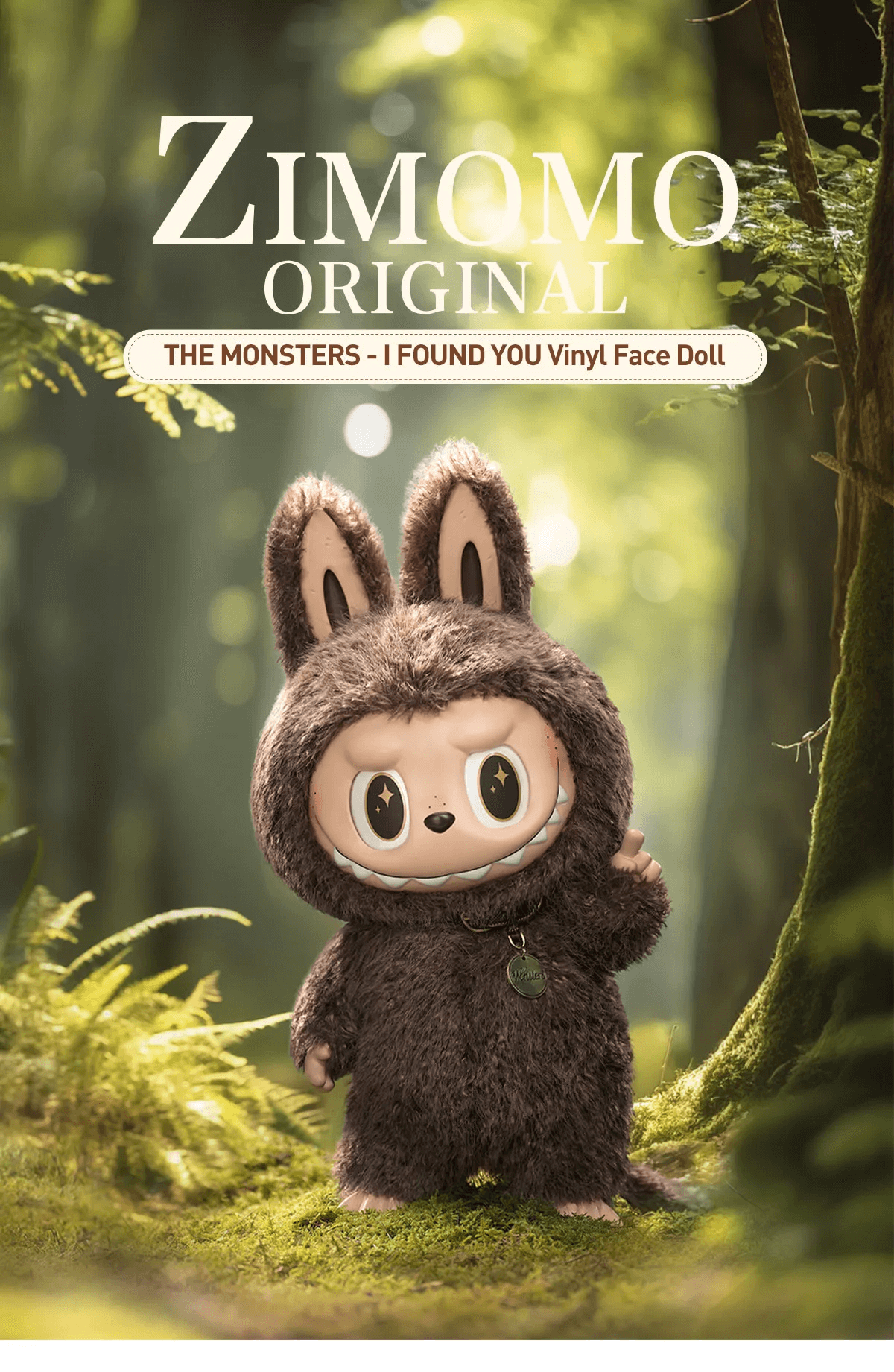Pop Mart ZIMOMO I Found You Vinyl Face Doll in a whimsical forest setting, showcasing Kawaii style and intricate design.