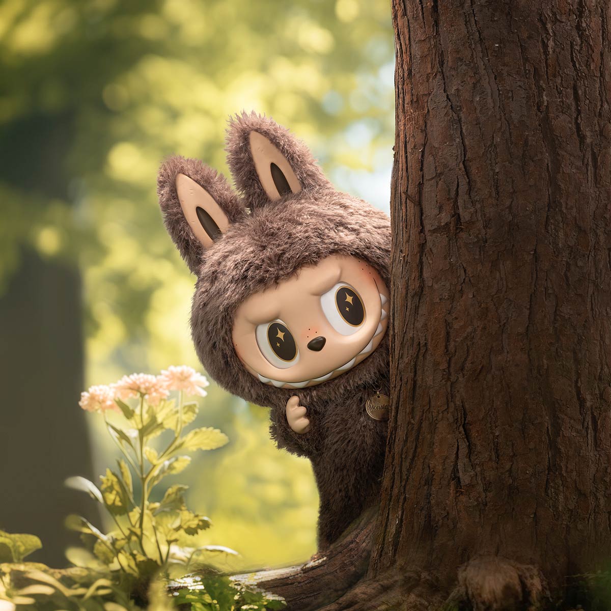 Kawaii Pop Mart Labubu I Found You Vinyl Doll peeking from behind a tree in a lush green forest.