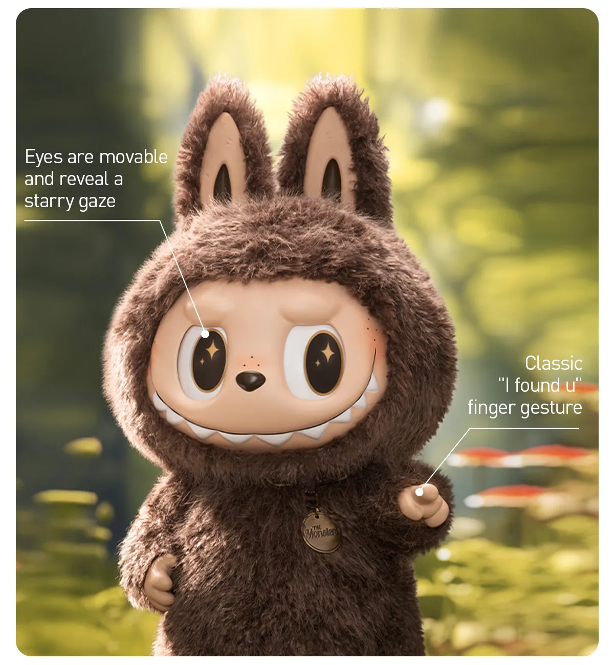 Pop Mart Labubu ZIMOMO vinyl doll with movable eyes and 'I found u' gesture in a forest setting.