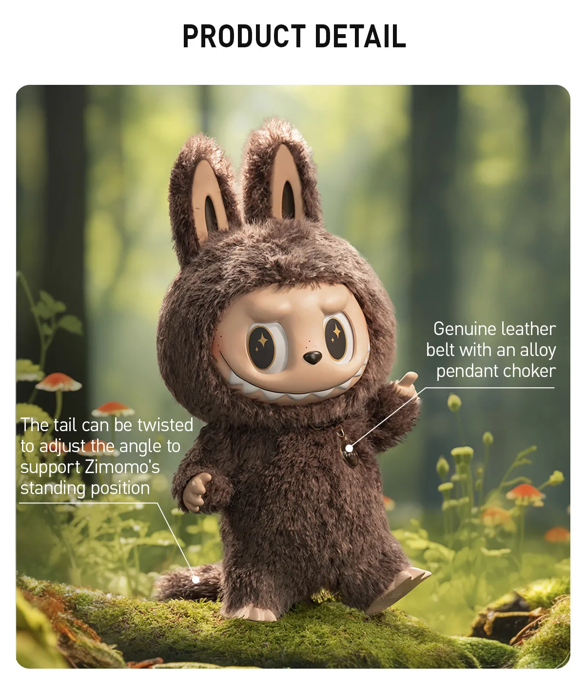 Pop Mart ZIMOMO vinyl doll in furry outfit with adjustable tail and leather belt in natural setting.