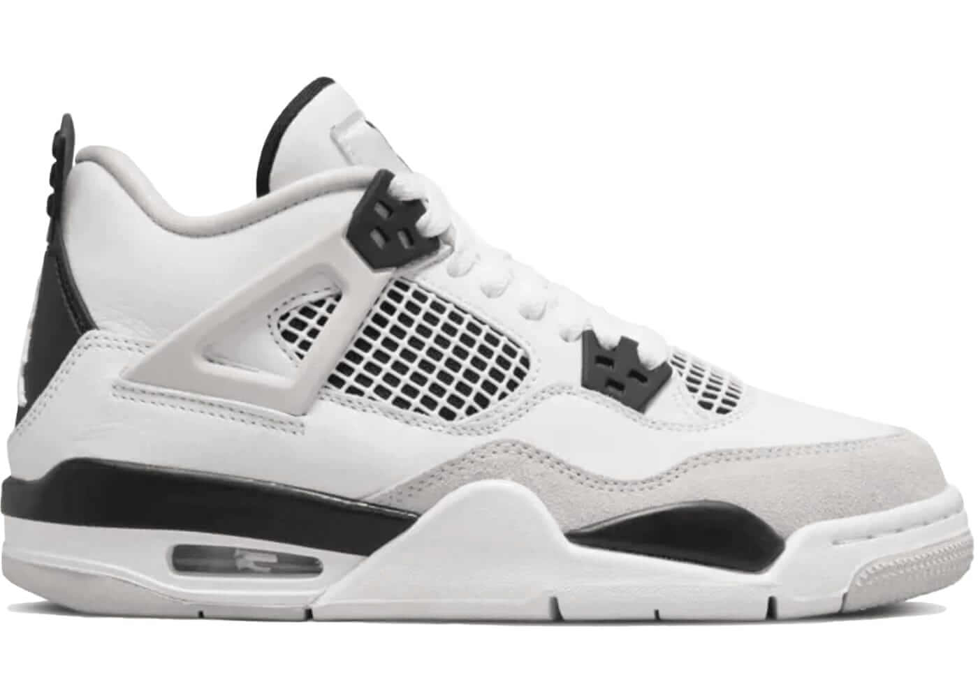 Jordan 4 Retro Military Black (GS) sneakers featuring a sleek white and black design with mesh accents.