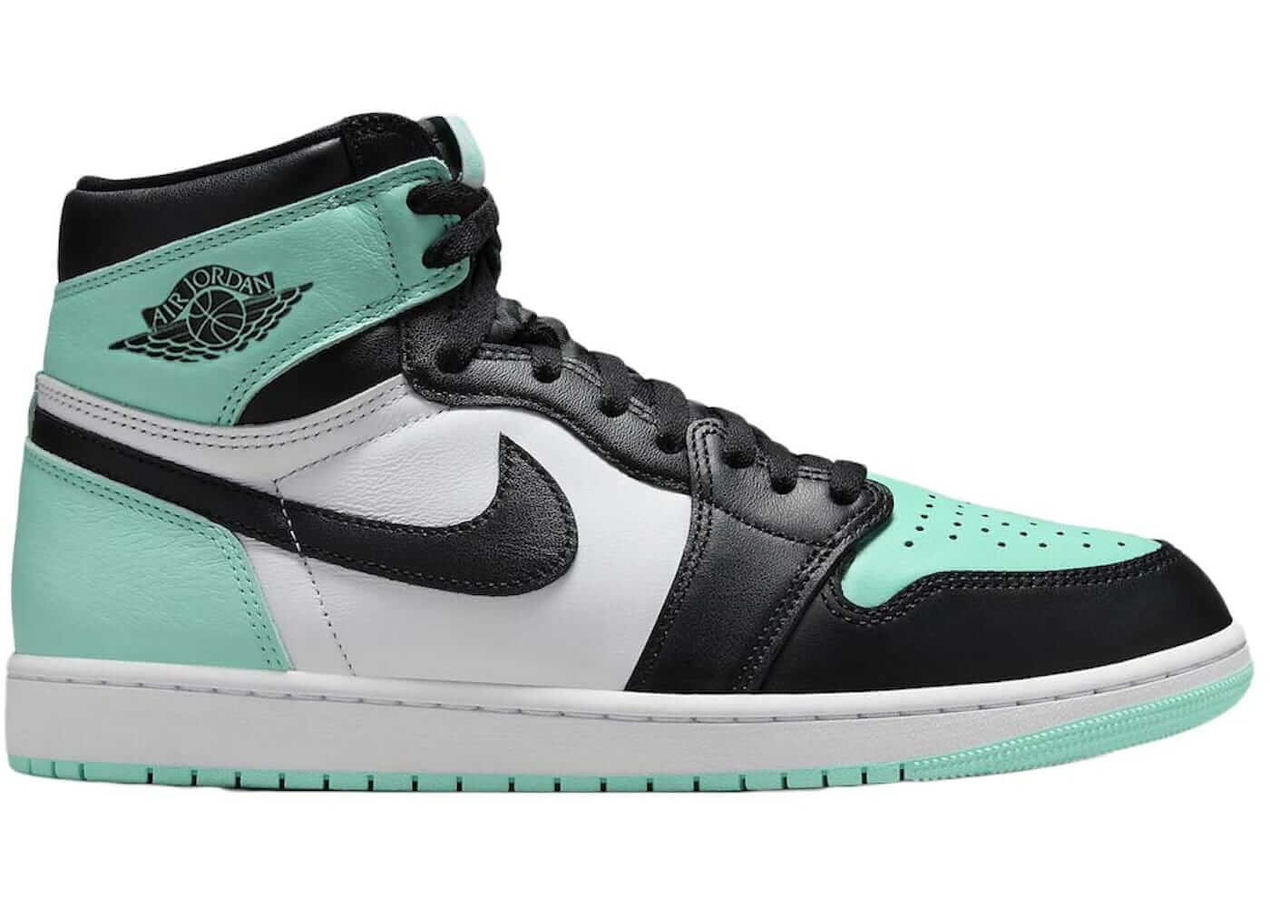 Jordan 1 Retro High OG Green Glow sneaker featuring vibrant mint accents and classic black and white color blocking.