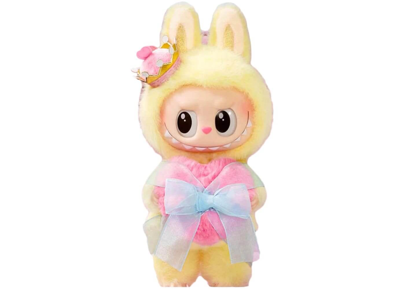 Pop Mart Labubu vinyl plush figure in bunny costume, holding a heart-shaped gift with pastel colors and adorable facial expression.