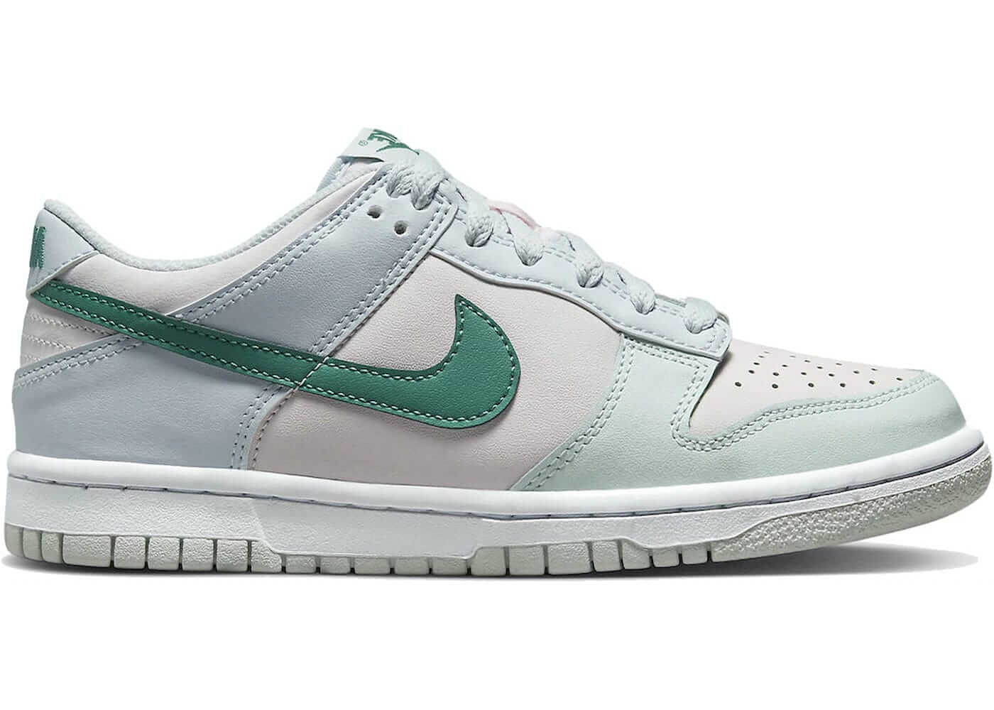 Nike Dunk Low Mineral Teal (GS) sneaker side view with green accents and light grey leather, 100% authentic.