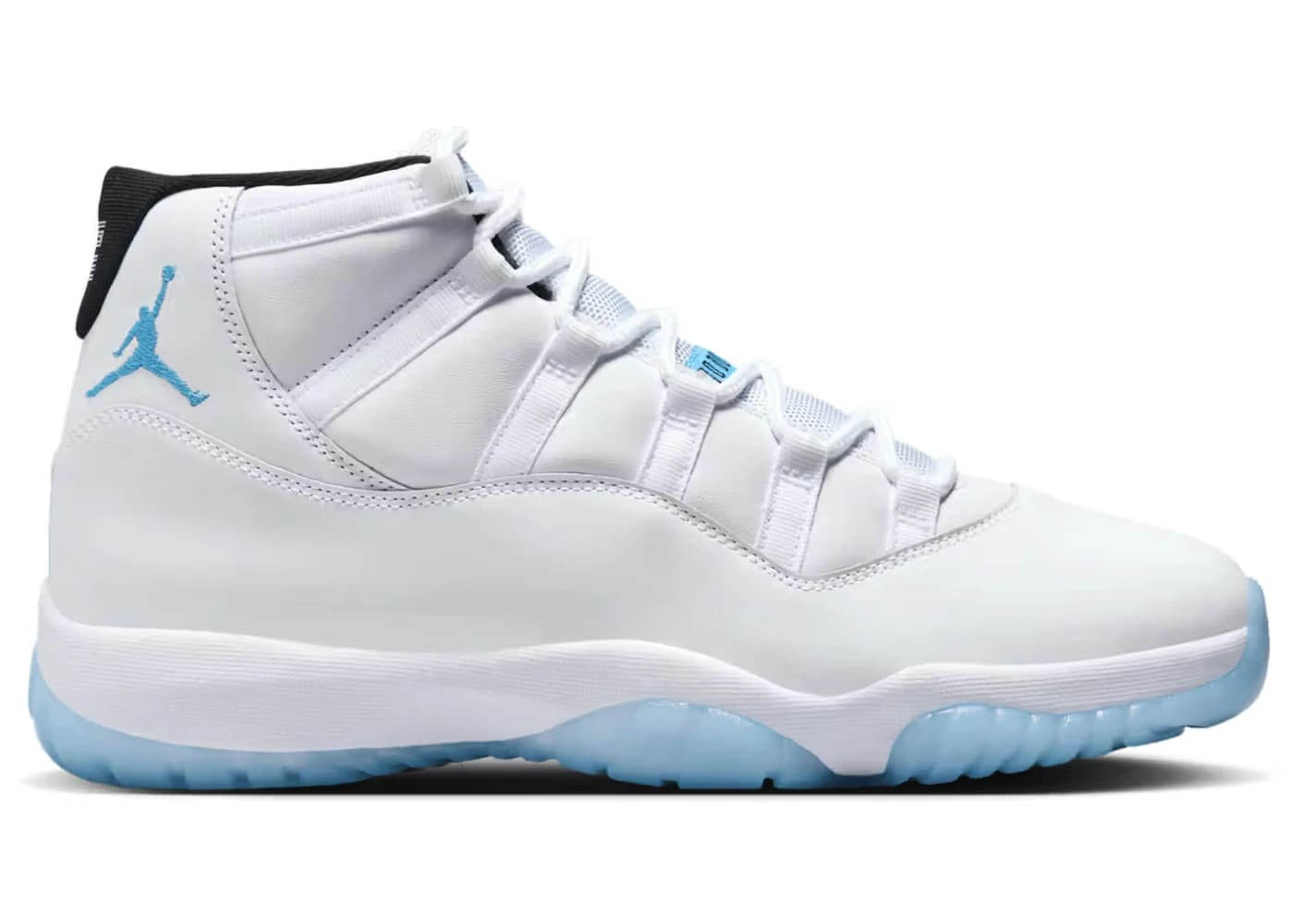 Jordan 11 Retro Legend Blue (2024) sneaker featuring a white upper and icy blue outsole.