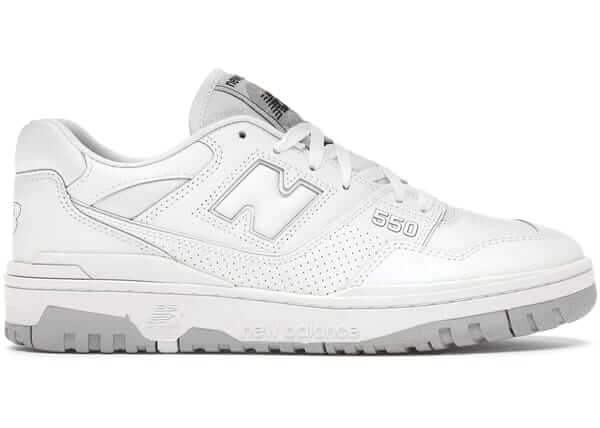 New Balance 550 White Grey sneakers featuring a sleek design, 100% authentic, available for next day shipping.