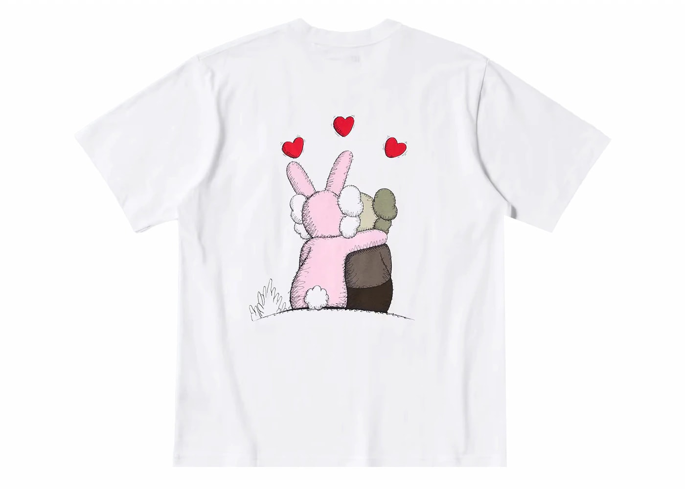 Back view of KAWS x Uniqlo White T-shirt featuring playful bunny graphic and hearts.