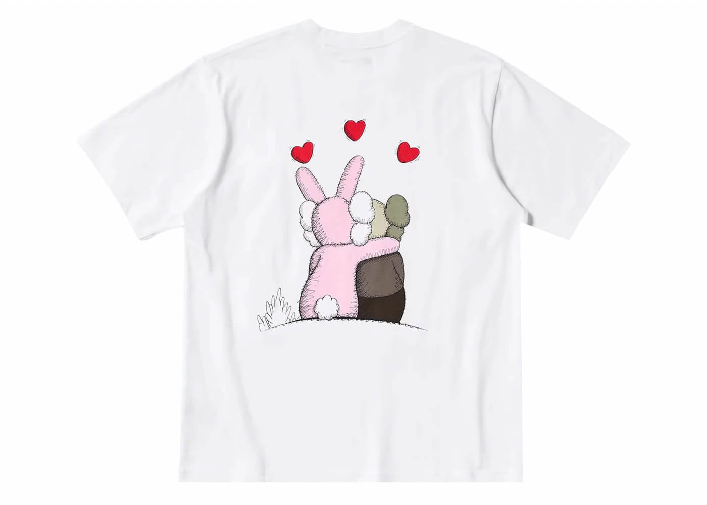 Back view of KAWS x Uniqlo White T-shirt featuring playful bunny graphic and hearts.