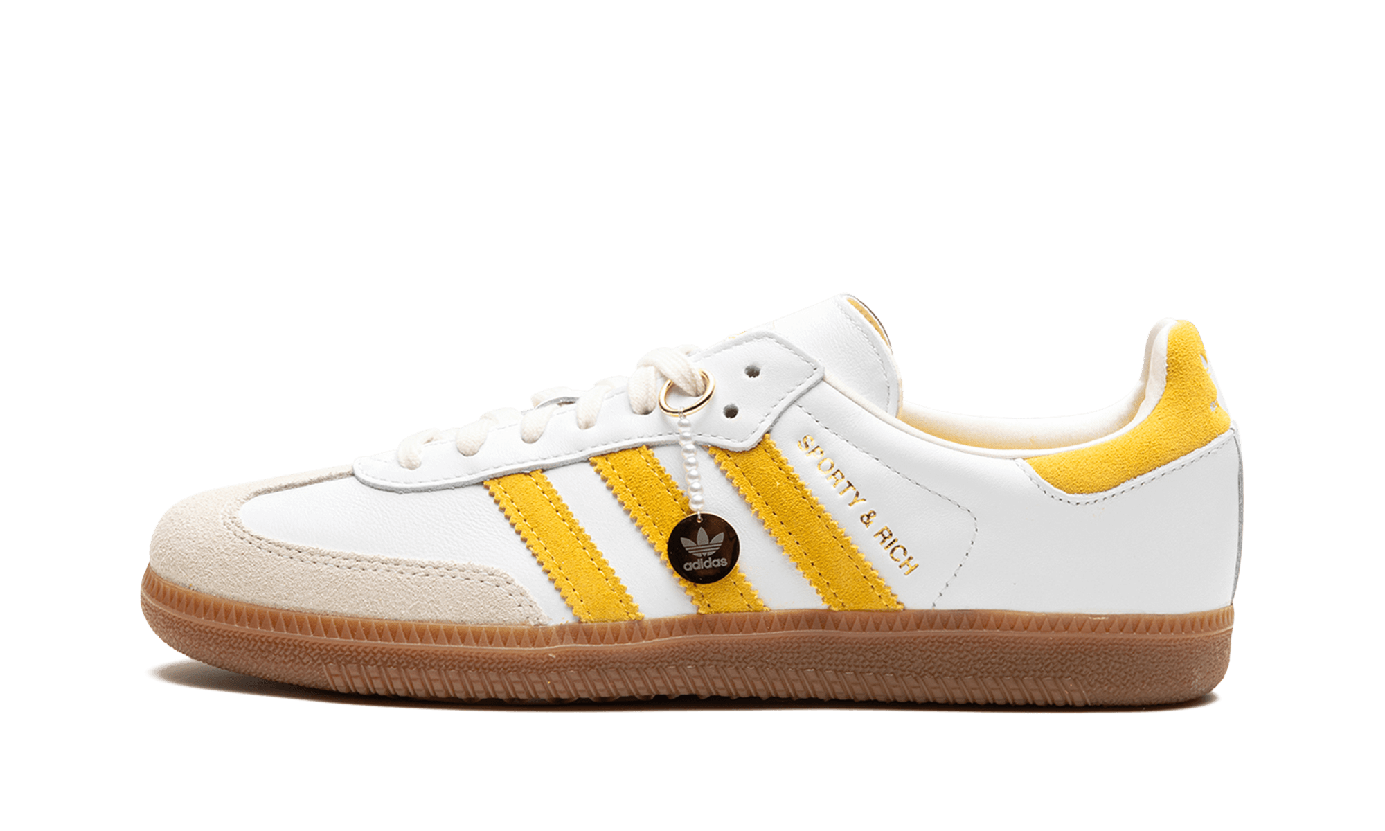 Adidas Samba Sporty And Rich White Bold Gold Collaboration Sneaker With Satin Lining And Dual Branding - BigBoiSneakers