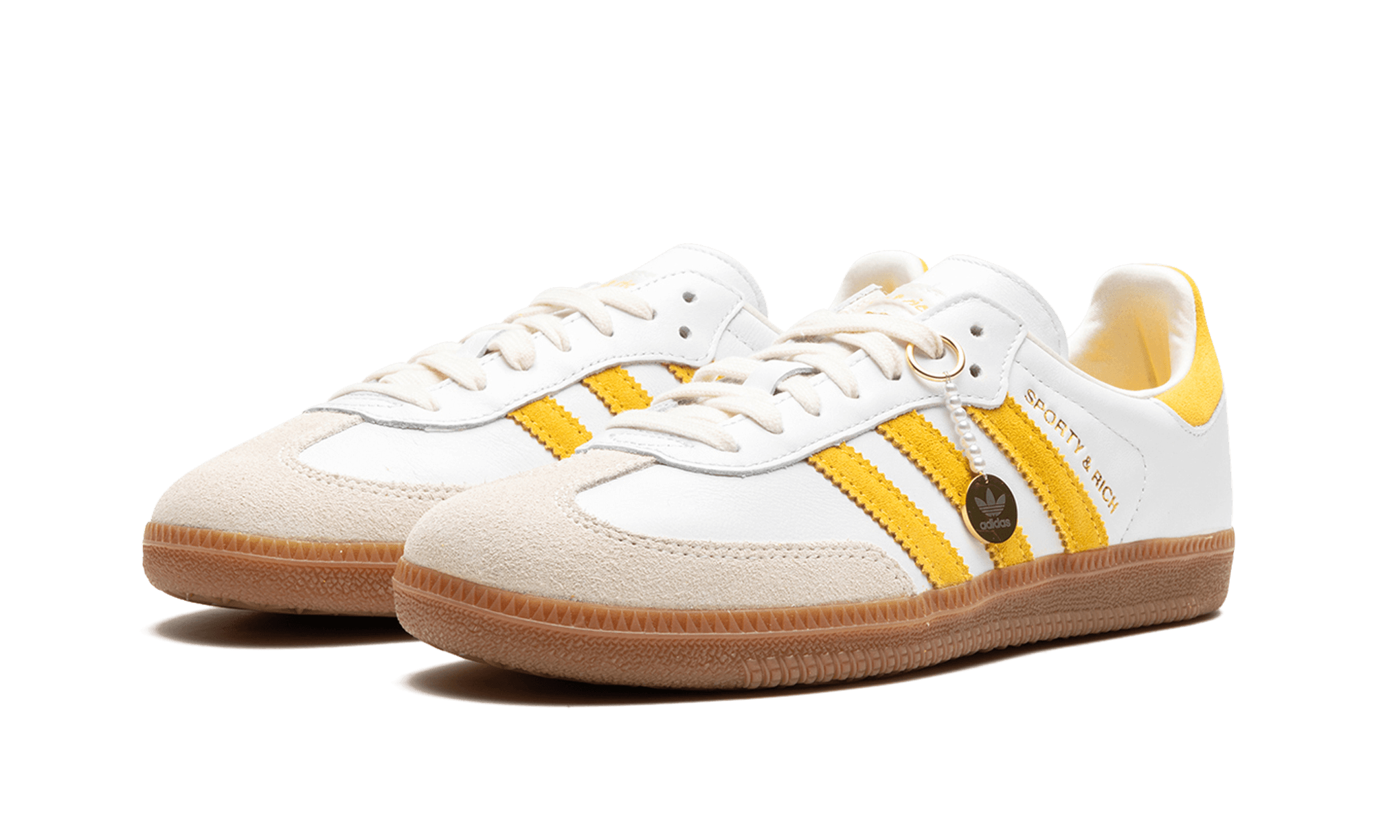 Adidas Samba Sporty And Rich White Bold Gold Collaboration Sneaker With Satin Lining And Dual Branding - BigBoiSneakers