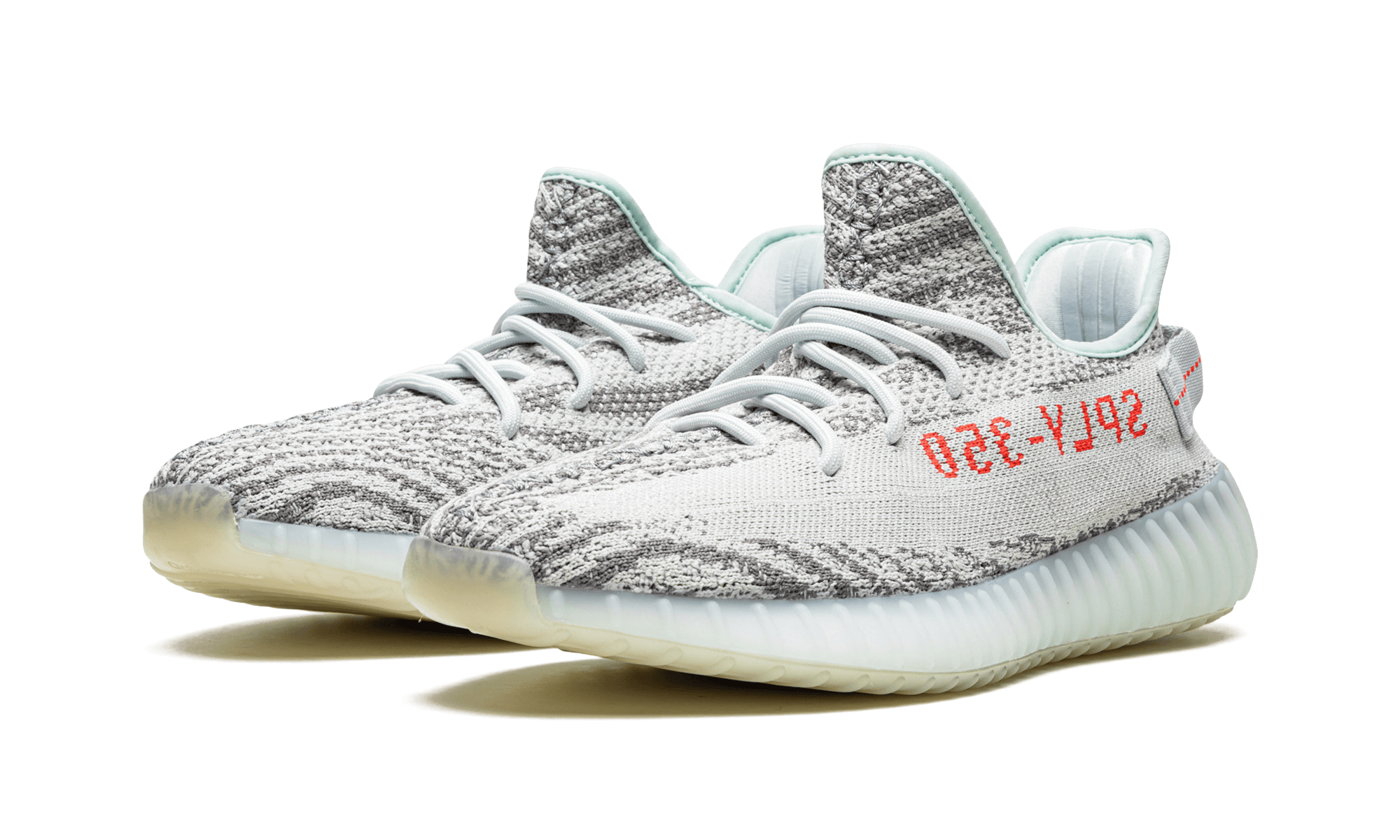 Adidas Yeezy Boost 350 V2 Blue Tint Marbled Grey Primeknit Upper Red SPLY 350 Text Blue Tint Translucent Boost Sole - BigBoiSneakers