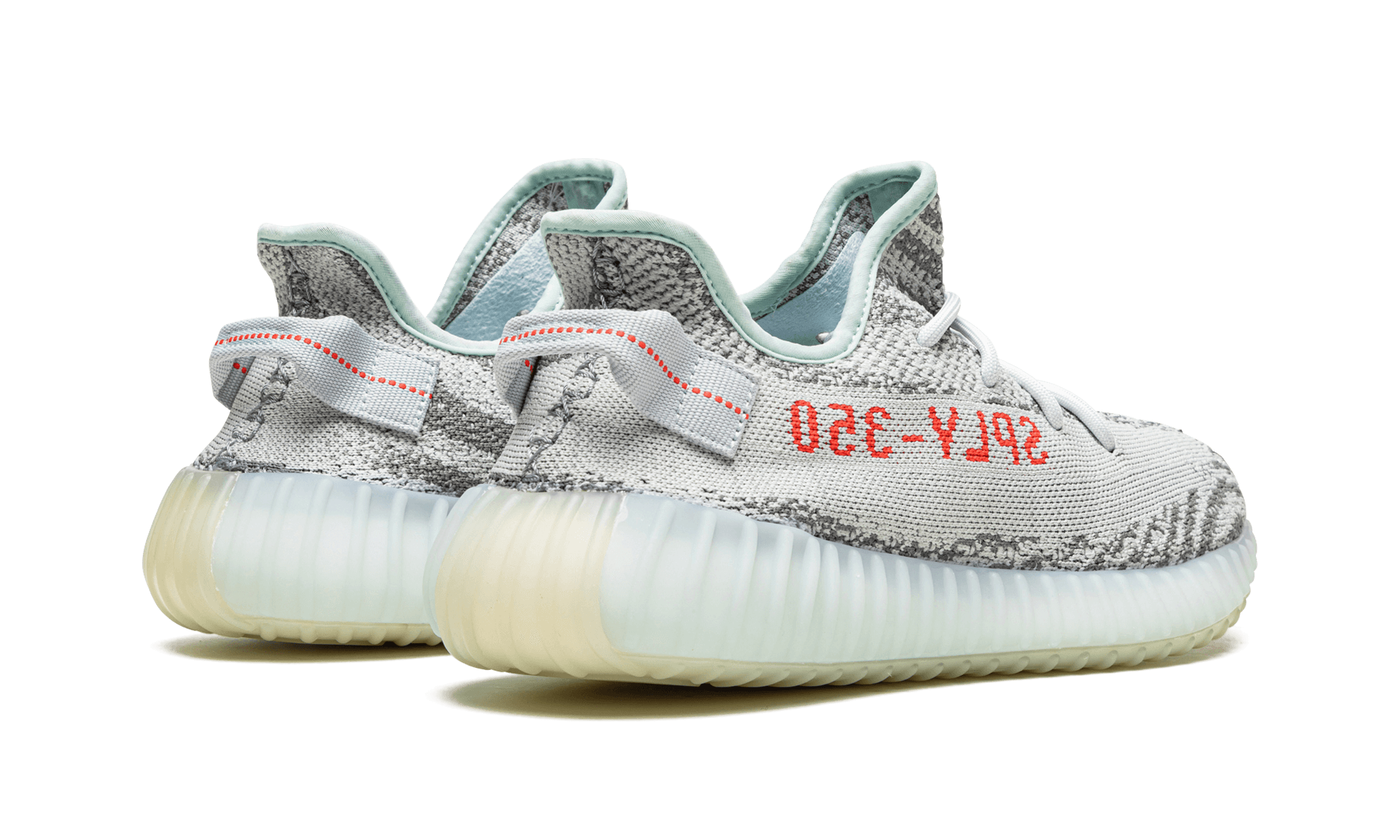 Adidas Yeezy Boost 350 V2 Blue Tint Marbled Grey Primeknit Upper Red SPLY 350 Text Blue Tint Translucent Boost Sole - BigBoiSneakers