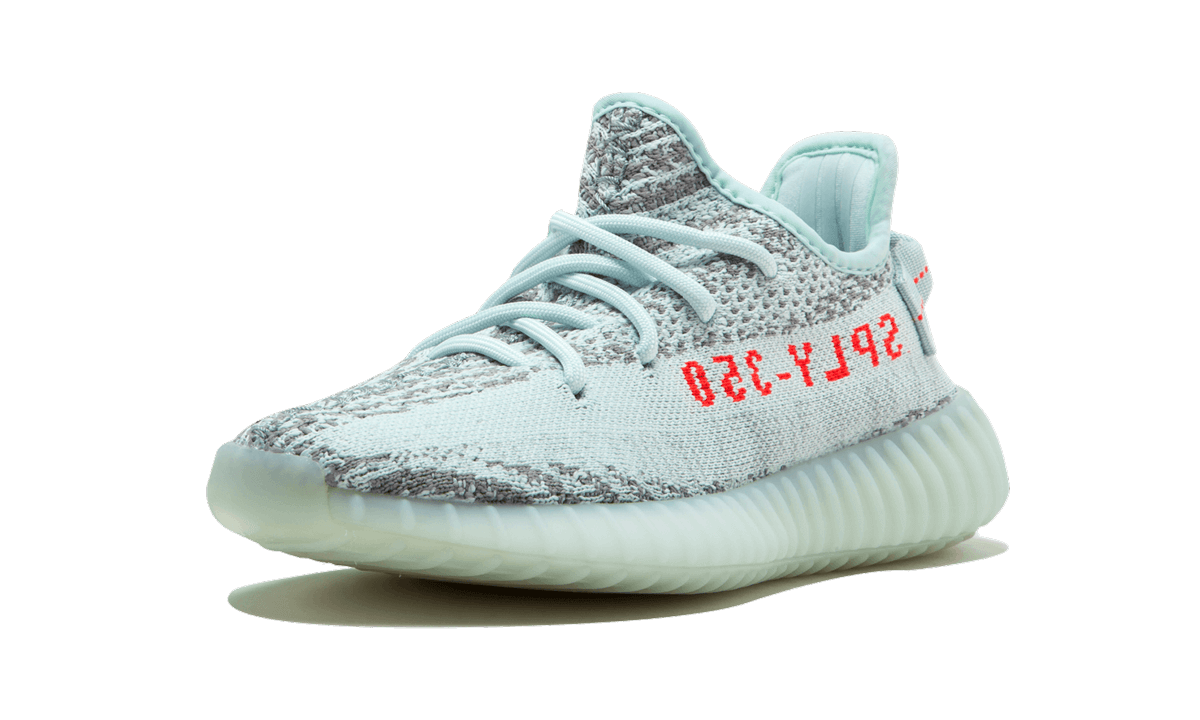 Adidas Yeezy Boost 350 V2 Blue Tint Marbled Grey Primeknit Upper Red SPLY 350 Text Blue Tint Translucent Boost Sole - BigBoiSneakers