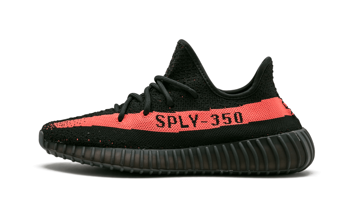 Adidas Yeezy Boost 350 V2 Core Black Red Sneakers With SPLY 350 Branding On Red Stripe - BigBoiSneakers