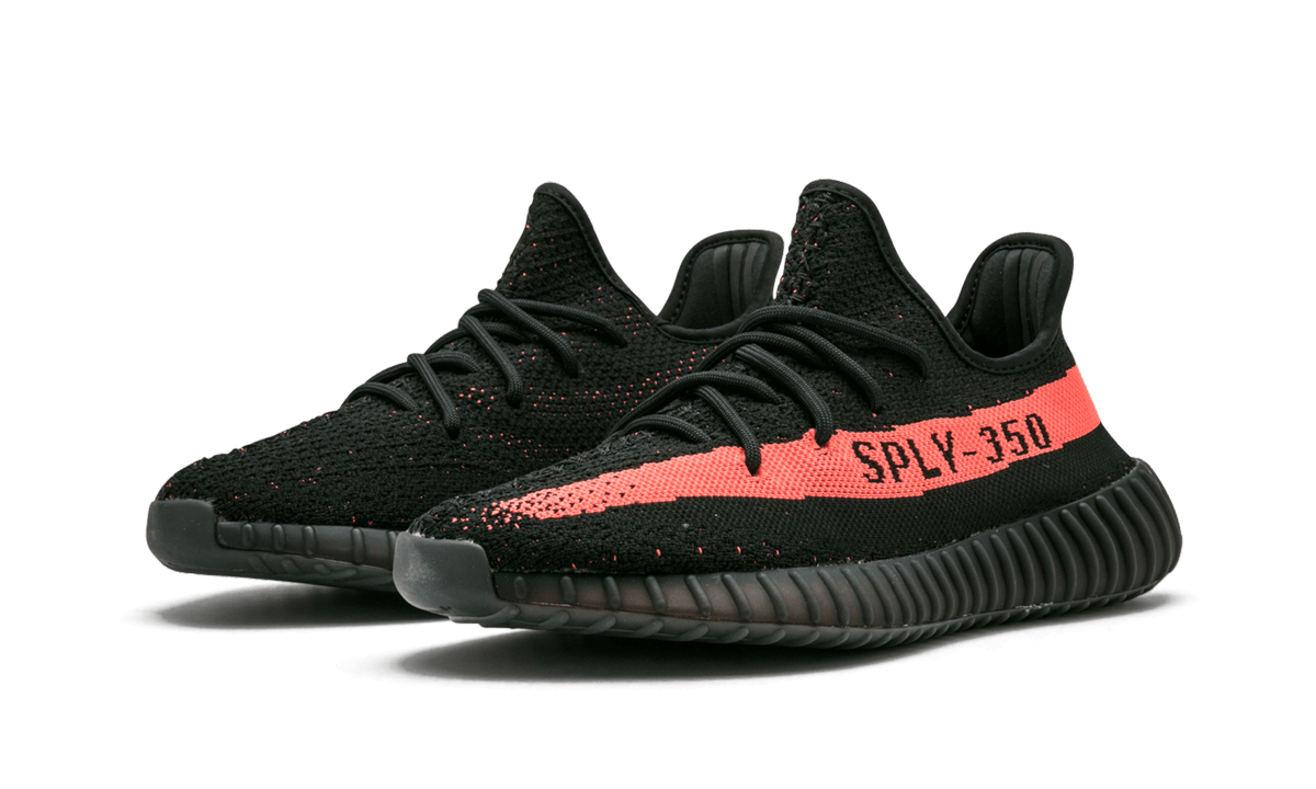 Adidas Yeezy Boost 350 V2 Core Black Red Sneakers With SPLY 350 Branding On Red Stripe - BigBoiSneakers