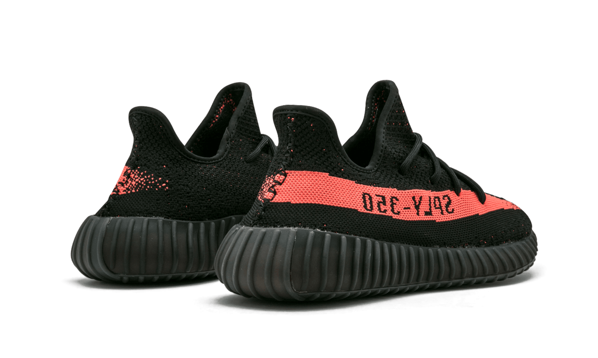 Adidas Yeezy Boost 350 V2 Core Black Red Sneakers With SPLY 350 Branding On Red Stripe - BigBoiSneakers