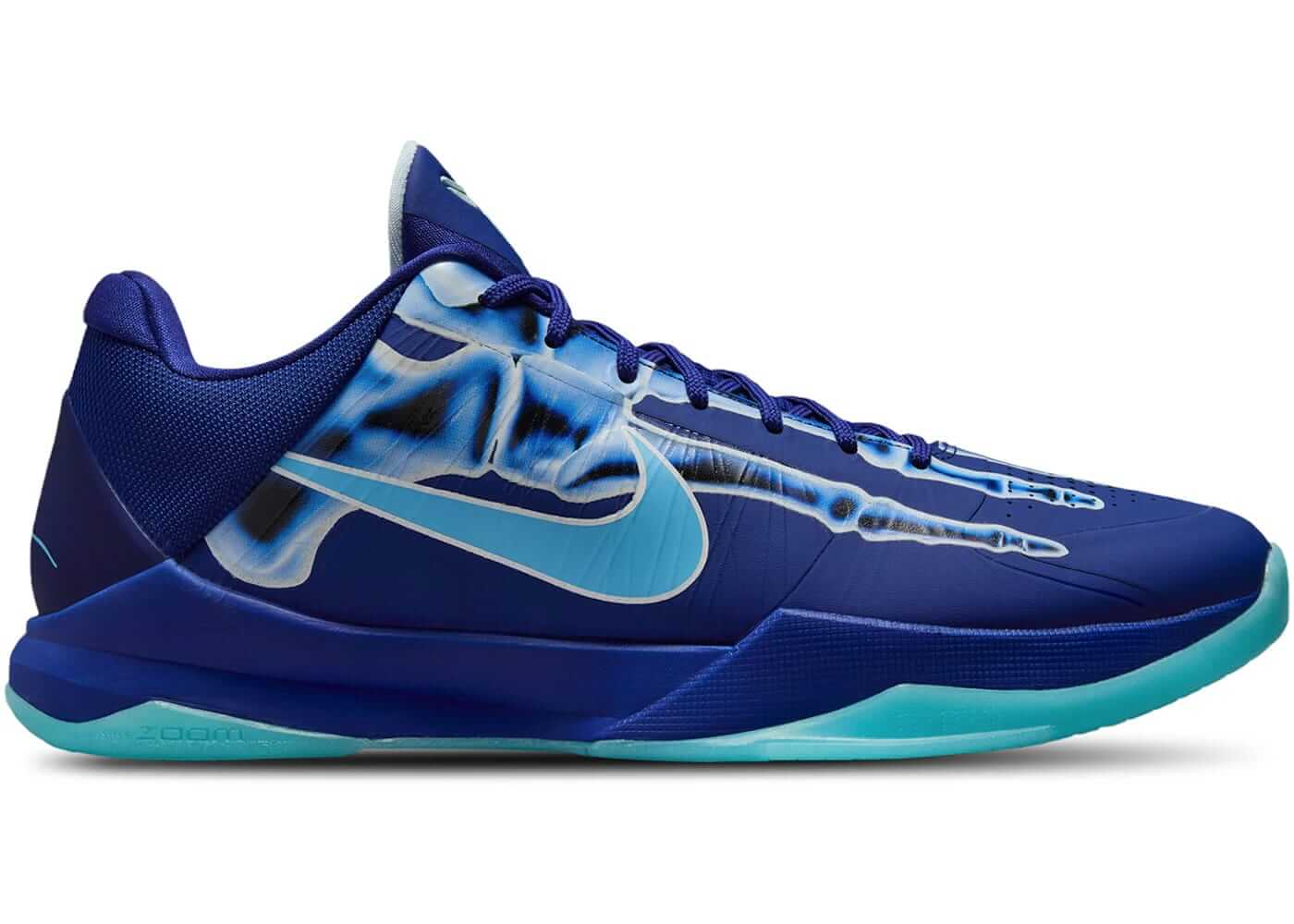 Nike Kobe 5 Protro X-Ray sneakers featuring a striking blue and aqua colorway with bone graphics.