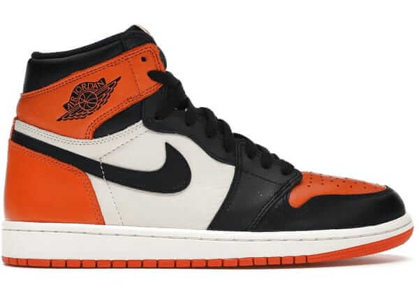 Air Jordan 1 Retro Shattered Backboard sneaker in black, sail, and starfish colorway with tumbled leather construction.